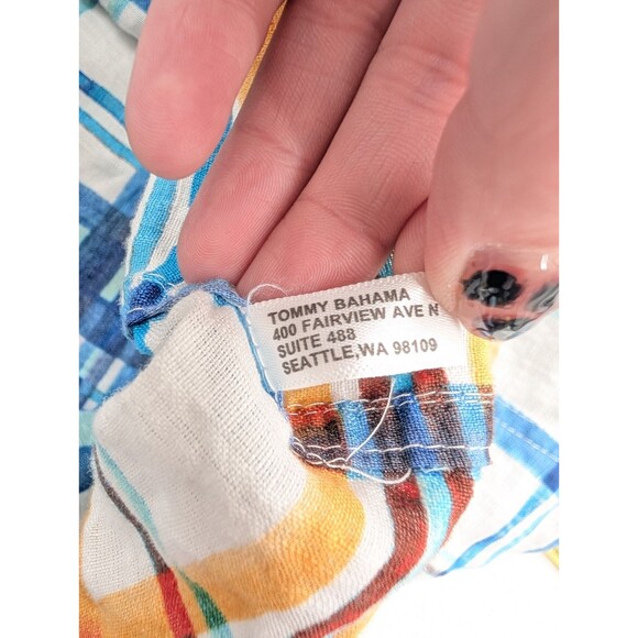 Tommy Bahama Linen Yellow Blue Gingham Plaid Button Down Shirt Size Large - Picture 7 of 9